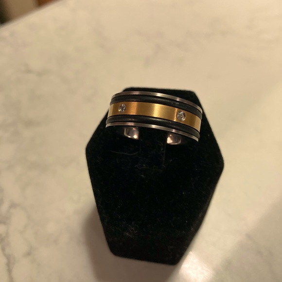 COPY - Titanium band 14GP centre band with 5 CZ stones  Black Leather Ridged in… - Picture 1 of 7